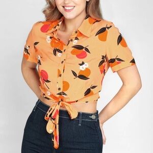 NWOT Collectif Sammy Tie Top in Apricot Peach Fruit Print, Crop Blouse, Large